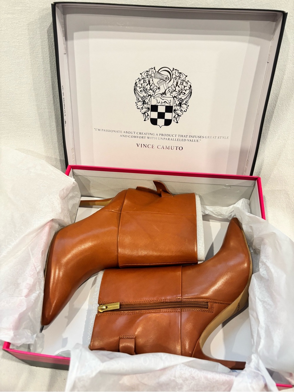 Vince Camuto Cognac Leather Pointed-Toe Stiletto Ankle Boots - Woman’s 8 NWT - Picture 4 of 11
